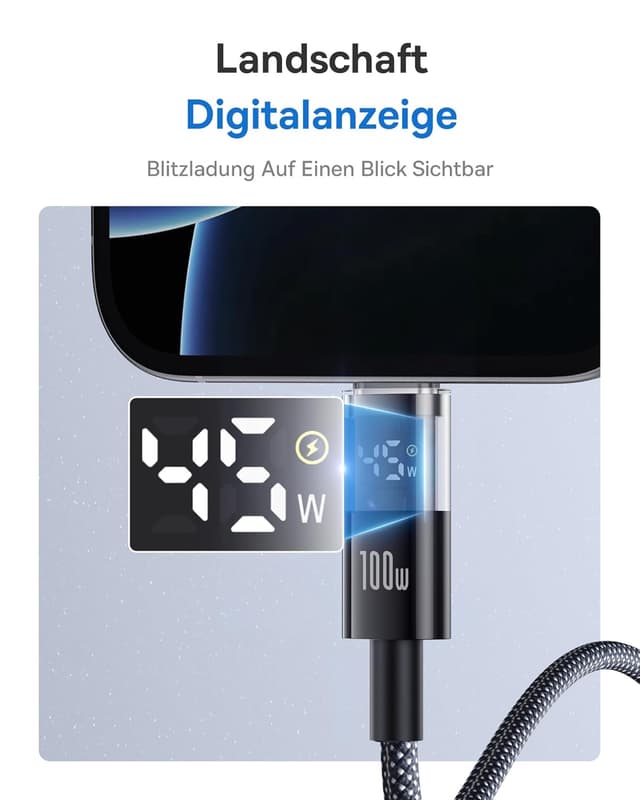 Detalle de Baseus 100W USB‑C auf USB‑C Schnellladekabel (1 m) mit LED-Display