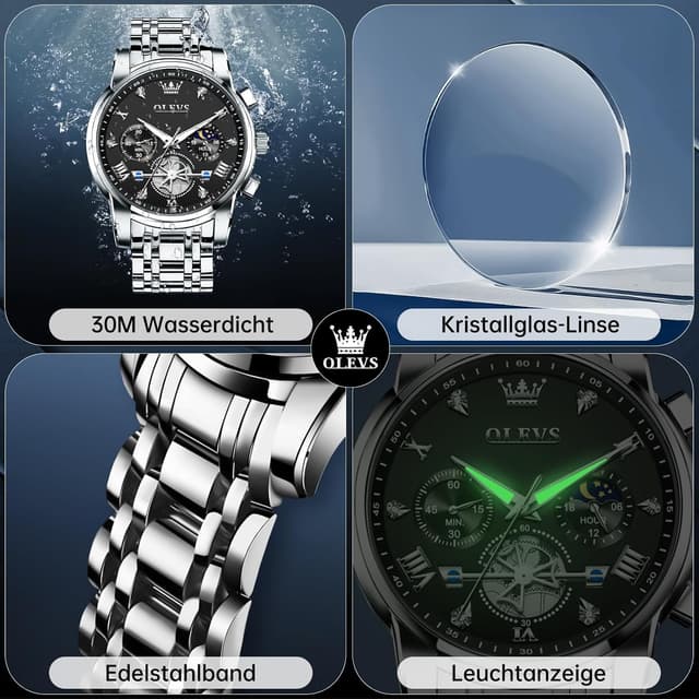 Detalle 2 de OLEVS Herren Chronograph Quarz-Uhr mit Analog-Anzeige, wasserdicht bis 30 m, leuchtenden Markierungen aus Edelstahl