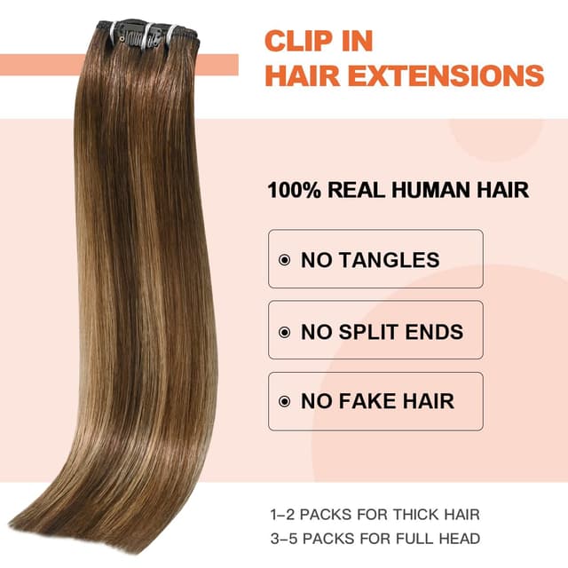 Detalle de UGOTRAYS Balayage Clip-In Hair Extensions (100% Human Hair), Ombre Medium Brown to Caramel Blonde, 20 in, 120g