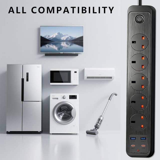 Detalle de 5M Extension Lead with USB Slots (2 Type C + 2 USB) and Overload Protection, 5 Plug Black