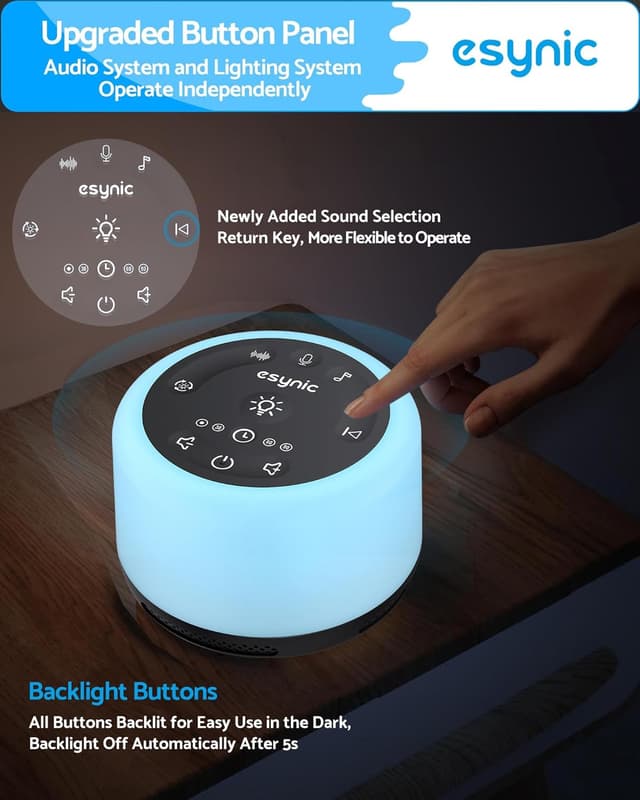 Detalle de ESYNiC Rumore Bianco Neonato: macchina con 30 suoni, luce notturna regolabile e timer ricaricabile (nero)