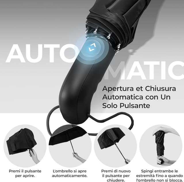 Detalle de Wilford & Sons Ombrello pieghevole portatile antivento con apertura/chiusura automatica e doppio tetto