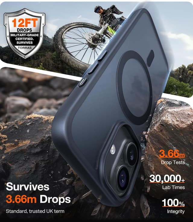 Detalle de TORRAS for iPhone 17 MagSafe Case (Matte Black) with 12FT Military Grade Shock Protection