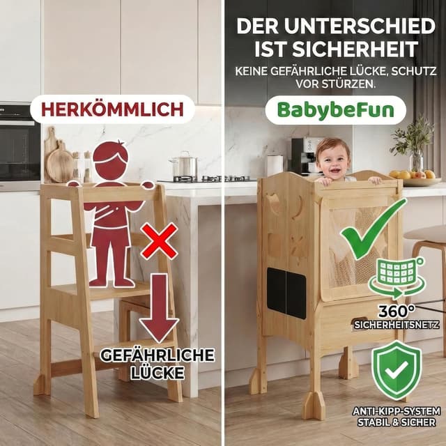 Detalle de BabybeFun Lernturm ab 1 Jahr, klappbar mit 360° Sicherheitsnetz & Anti-Kipp-Schutz