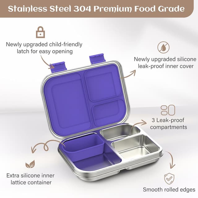 Detalle de BABHAMNESS Stainless Steel Kids Bento Box (3 Compartments) — Leak Proof Lunch Container, BPA-Free, Dishwasher Safe, Purple
