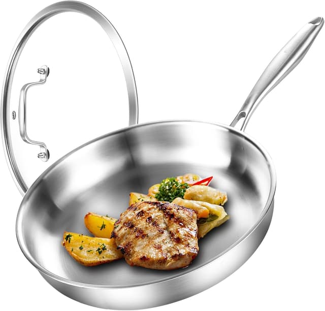 Detalle de DELARLOCHEF Dreilagige Edelstahl-Bratpfanne mit Deckel, 24 cm – induktionsgeeignet und ohne Beschichtung