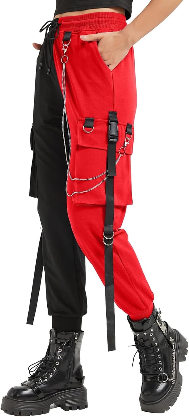 Detalle 2 de MEINVQIAOTI Damen Retro Cargo – weite Cargo-Hose im Retro-/Punk-Look mit Ketten-Details