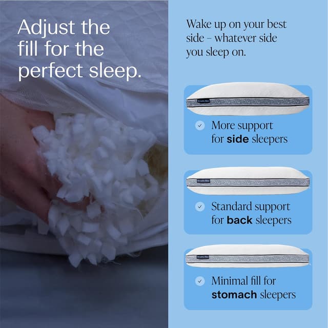 Detalle de DreamyBlue Gusseted Sapphire Pillow (King) — Adjustable Loft Shredded Memory Foam with Airflow Beads