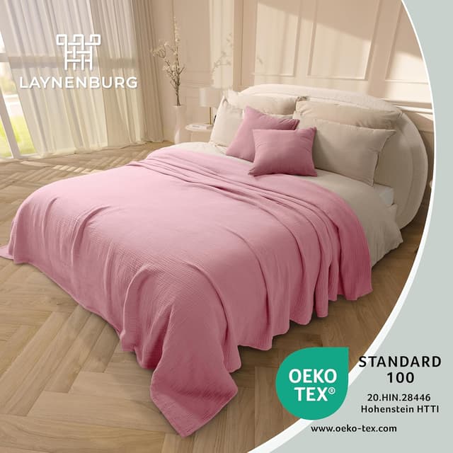Detalle de LAYNENBURG Premium Musselin Tagesdecke 150x200 cm (100% Baumwolle) – extraweiche Sommerdecke in Altrosa