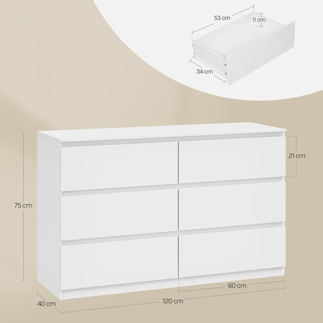 Detalle de WOLTU Kommode weiß mit 6 Schubladen – moderner Schubladenschrank für Wohnzimmer, Schlafzimmer & Flur (120 x 40 x 75 cm)