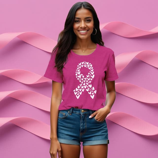 Detalle de Qskall breast cancer awareness T-shirt for women with pink ribbon & heart detail (S–XXL)