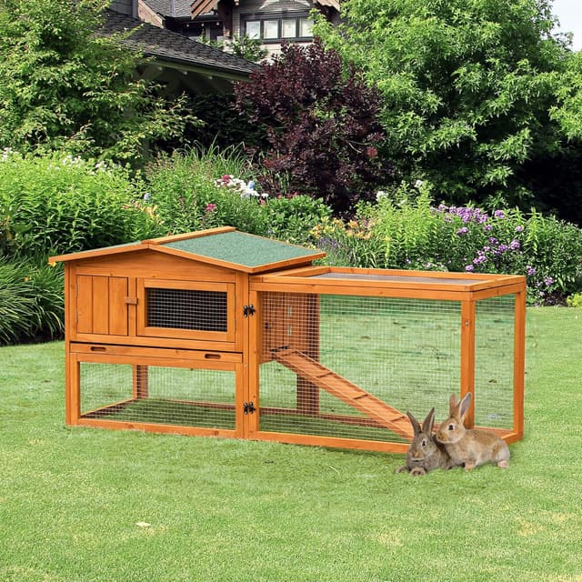 Detalle 2 de PawHut clapier en bois pour lapins à 2 étages avec toit ouvrant et tiroir à déjection