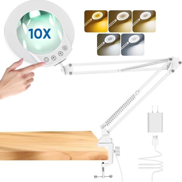 Detalle de Mandland 10X Lupe mit Licht und Klemme (beleuchtete Lupe aus echtem Glas) – White