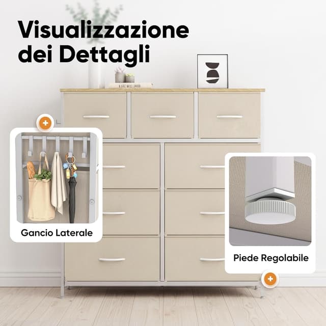 Detalle de HOKEEPER Cassettiera in tessuto con 9 cassetti, mobile salvaspazio 100x30x100 cm (beige)