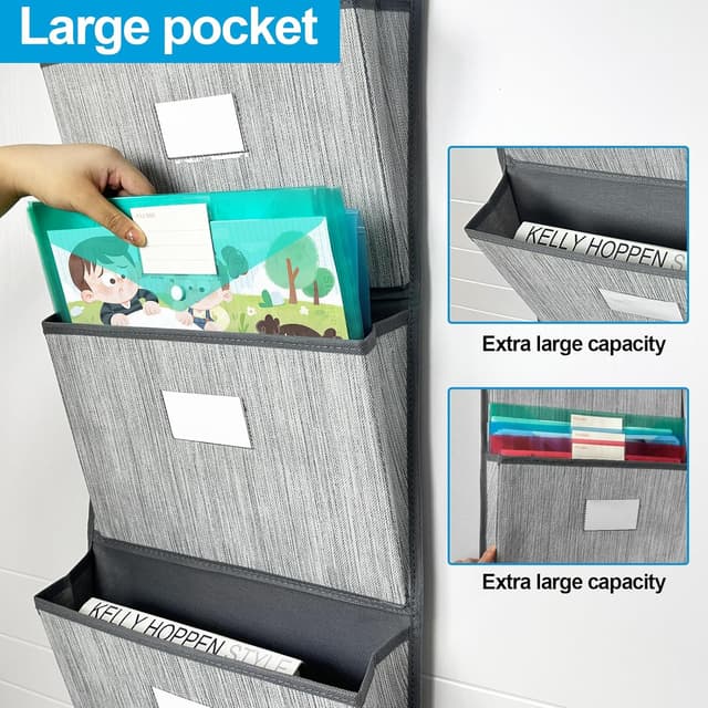 Detalle de VERONLY Over The Door File Organizer (wall mount) with 5 large pockets and labels, dark grey