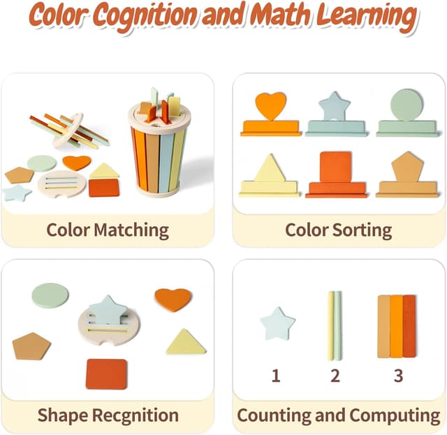 Detalle de Smartwo Montessori Steck- und Sortierspielzeug zum Farbenlernen (ab 12 Monaten), 3-in-1 Set aus Holz