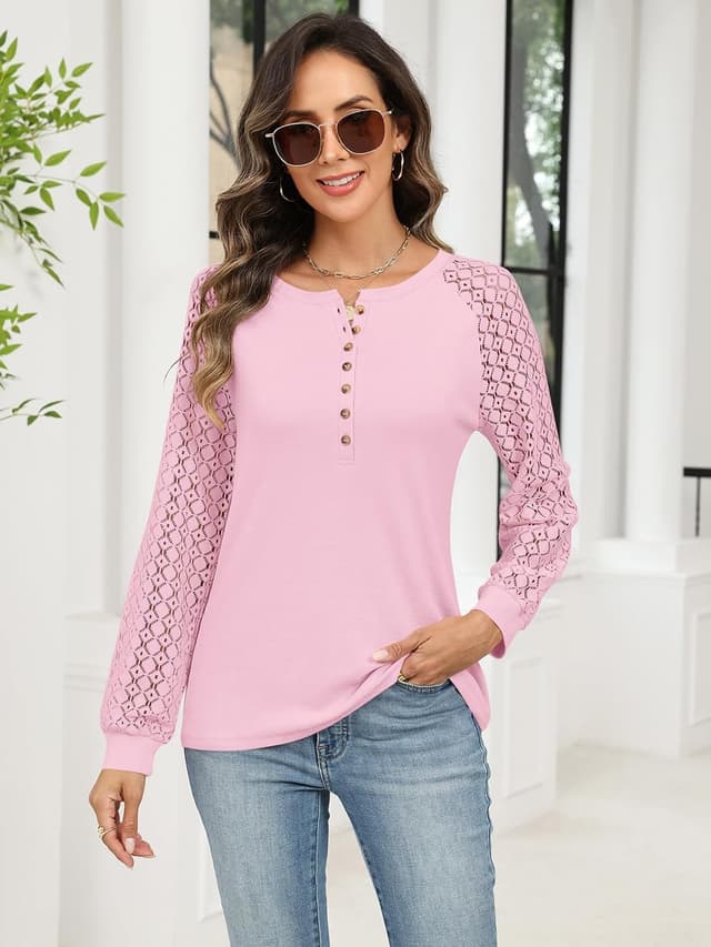 Detalle de Minetom Women’s Lace Long Sleeve Henley Tops (Lace Sleeve Button-Down Casual Blouse)