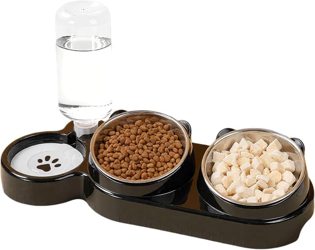 Detalle de 3-in-1 Cat Food and Water Bowl Set — Tilted Stainless Steel