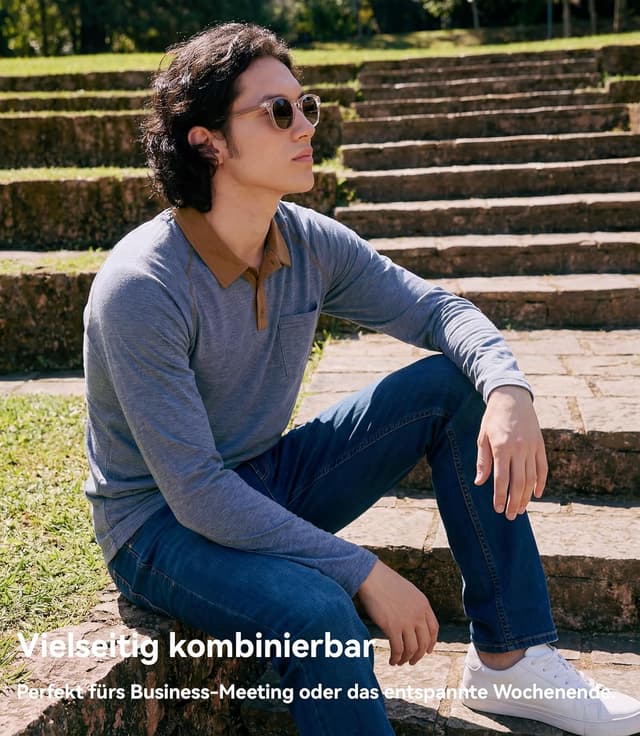 Detalle 2 de GLESTORE Poloshirt Herren Langarm mit Giraffen-Stickerei – Casual Longsleeve Polo