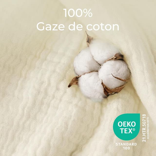 Detalle 2 de Dreamzie Couverture en mousseline 220x240 cm en coton 4 couches Oeko-Tex ivoire