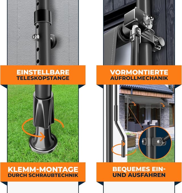 Detalle de KESSER Klemmmarkise mit Handkurbel für den Balkon (150 cm) – UV-beständig, ohne Bohren
