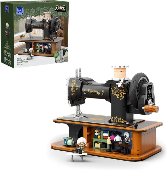 Detalle de PANTASY Retro Nähmaschine Baustein-Modell (Vintage Handkurbel) – mechanischer Zahnrad-Mechanismus & Mini-Schneiderei-Diorama