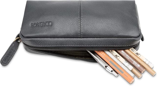 Detalle 2 de LEABAGS großes Leder-Federmäppchen aus Echtleder (Nappa) in Grau – mit Reißverschluss