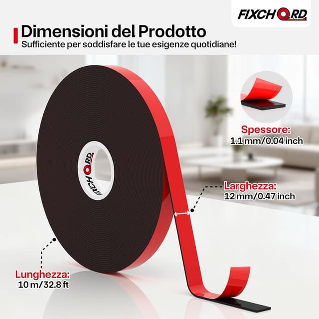 Detalle 2 de FIXCHORD Nastro Biadesivo Extra Forte in Schiuma Acrilica 10 m x 12 mm, impermeabile per interni ed esterni