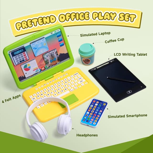 Detalle de Yeeammk Pretend Play Home Office Set for Kids (ages 3-7) with laptop, smartphone & writing tablet
