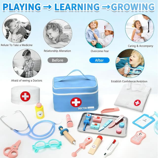 Detalle de Teneytoyz Kinder-Arztkoffer aus Holz mit echtem Stethoskop & Arztkittel – Doktorkoffer für Rollenspiele