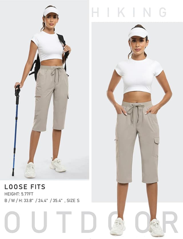 Detalle de MoFiz Women’s Capri Pants — Lightweight “Ice Cool” Cargo Capris with UPF 50+ & Zipper Pockets