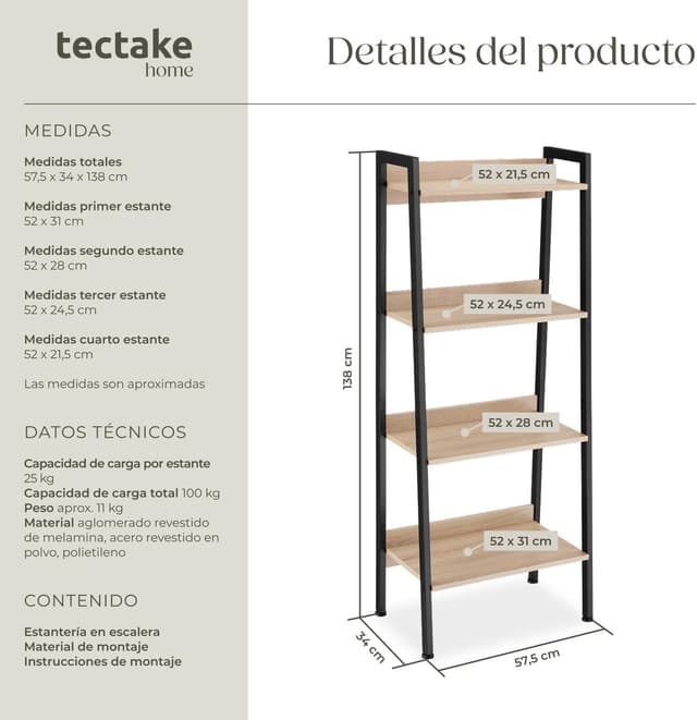 Detalle 2 de tectake Estantería libros madera acero 138 cm