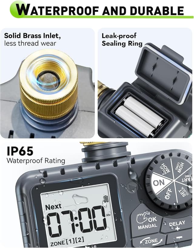 Detalle 1 de RAINPOINT Water Timer 2 Outlets – IP65 garden hose irrigation timer with brass inlet/outlet