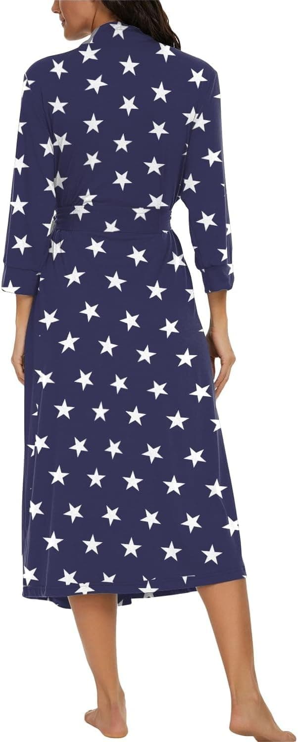 Detalle de PrinStory Damen-Bademantel mit 3/4-Ärmeln, V-Ausschnitt & Kimono-Schnitt – leichter Morgenmantel für Sauna, Bad und Alltag