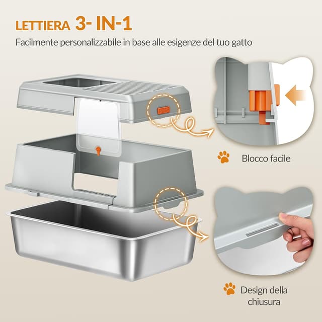 Thumbnail 6 de Fobyfurny FPLB204SG1 Lettiera chiusa in acciaio inox XXL con coperchio, doppio ingresso e pedana (60 x 40 x 38 cm) – Grigio chiaro