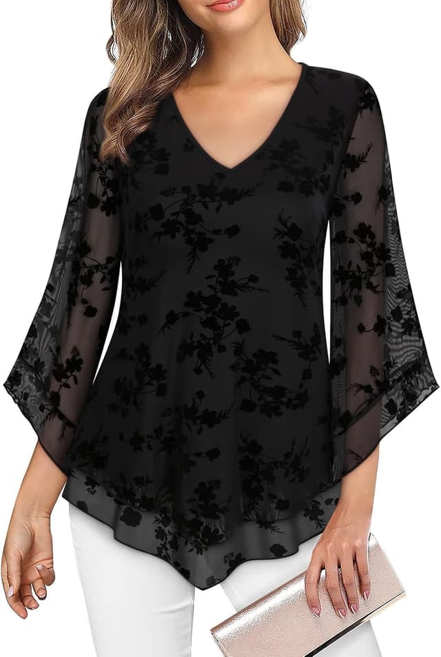 Detalle 2 de Gemulate Ruffle 3/4 Sleeve Chiffon Mesh Tunic Top for Women (V-neck, double-layer)