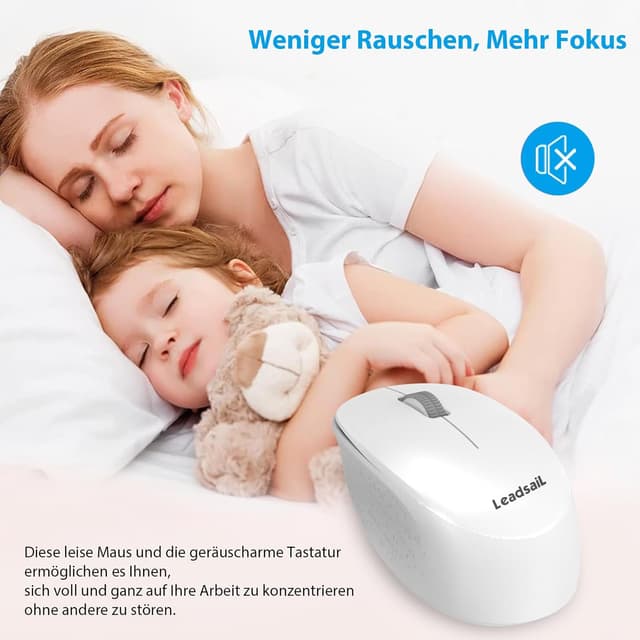 Detalle de LeadsaiL K786 kabelloses Tastatur & Maus Set (QWERTZ, DE-Layout) mit 2-in-1 USB-Nano Empfänger – Weiß