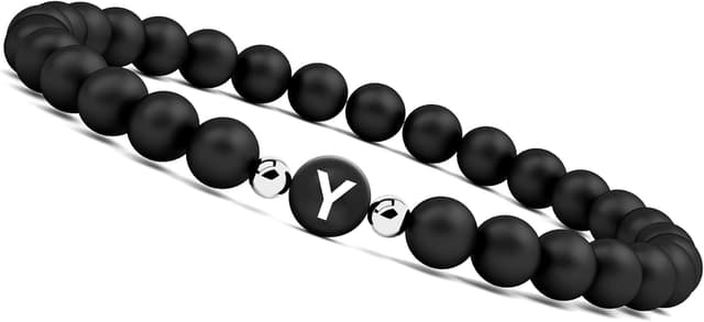 Detalle de Bracelet GD GOOD.designs EST. 2015 avec lettre « I » et perles en pierre naturelle 6 mm (couple, pour elle et lui)