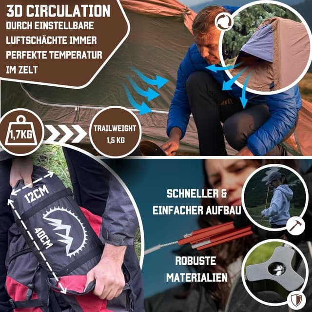 Detalle 2 de GOALPINE Zelte für 1 & 2 große Personen – wasserdichtes Ultraleicht-Zelt (4000 mm) für Wandern, Bergtour & Bikepacking