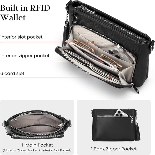 Detalle de befen Genuine Leather Crossbody Bag with Built-in Wallet, RFID Blocking & Anti-theft Clips (Small)