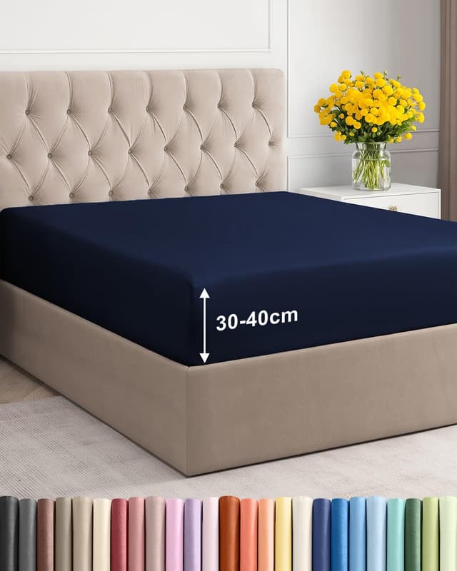 Detalle de Spannbettlaken 200x200 cm Marineblau – extra tief bis 40 cm, Mikrofaser, knitterfrei & Oeko-TEX