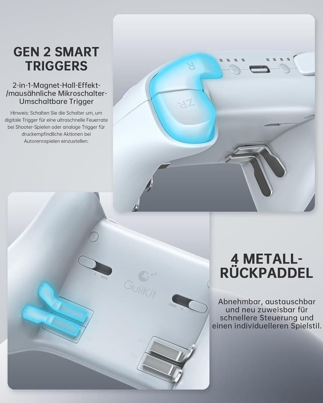 Detalle 2 de GuliKit TT Max Wireless Controller für PC, Android, iOS und Switch 1/2 – mit TMR-Joysticks und abnehmbaren Metall-Rückentasten (TT MAX, Grau)