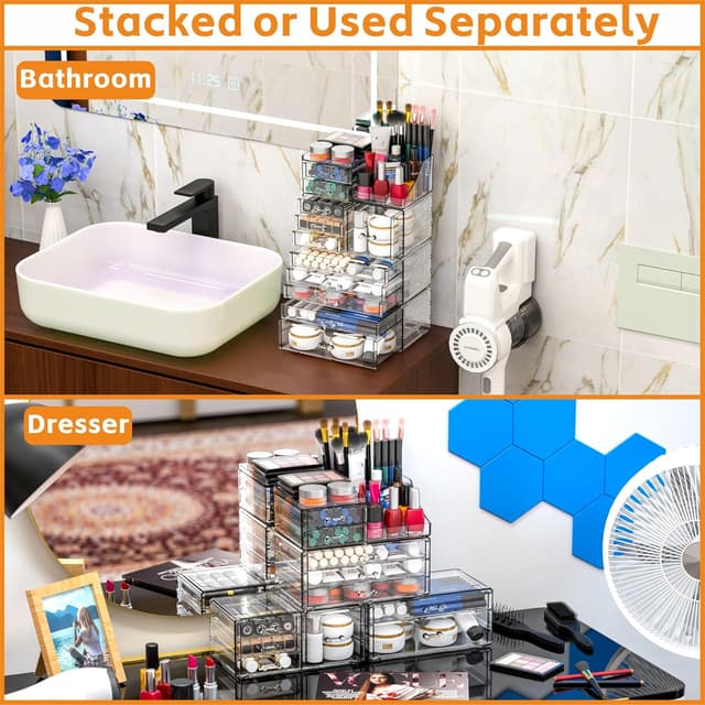 Detalle de Acrylic Clear Makeup Organizer Countertop (11 Drawers) — Stackable Vanity & Skincare Storage for Beauty Counters
