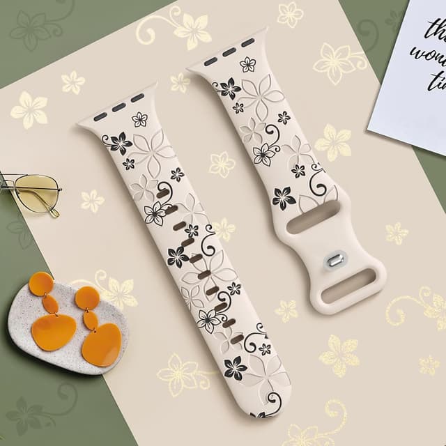 Detalle de Floral Engraved Silicone Strap for Apple Watch (38–49mm) – Two-tone flower sport band