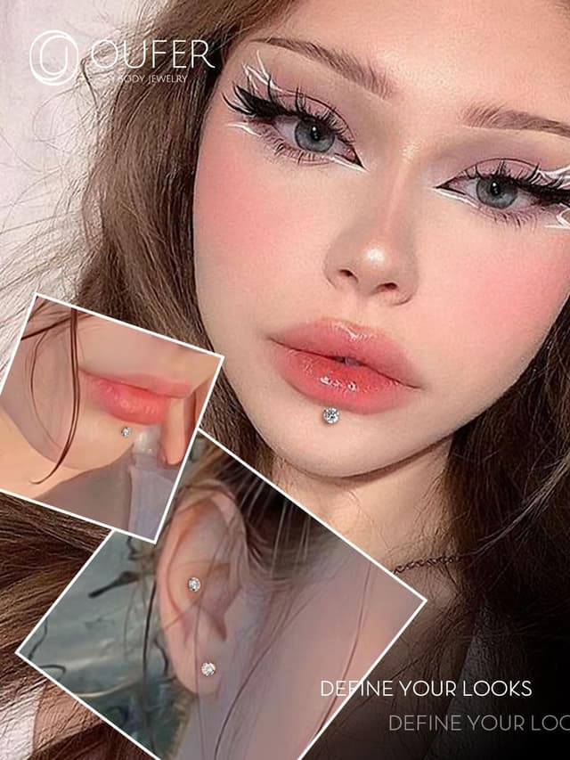 Thumbnail 6 de OUFER Labret piercing push-in en titane 18G avec pointe CZ transparente (filetage sans, modèles Helix/Tragus/Lèvre)