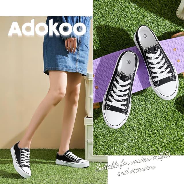 Detalle de Adokoo Canvas Tennis Shoes for Women (Low Top) — White/Black Lace-Up Casual Sneakers