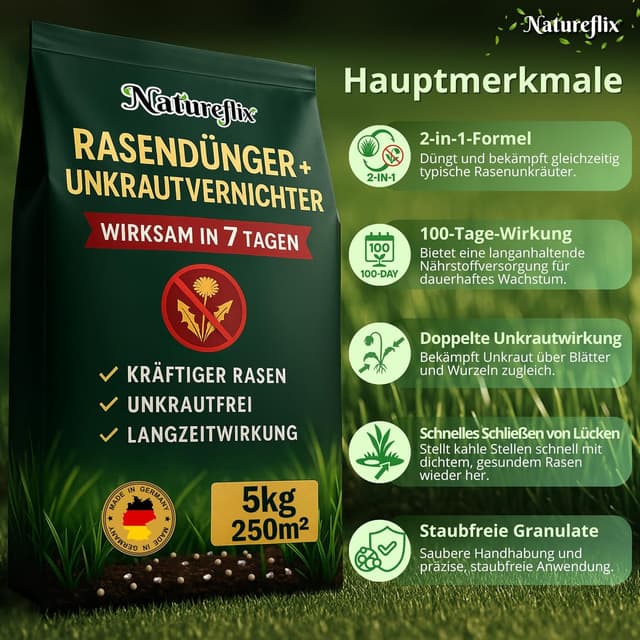 Detalle de Natureflix Rasendünger mit Unkrautvernichter extra stark (2-in-1) – für dichten Rasen im Frühjahr & Sommer, 5 kg für 250 m²