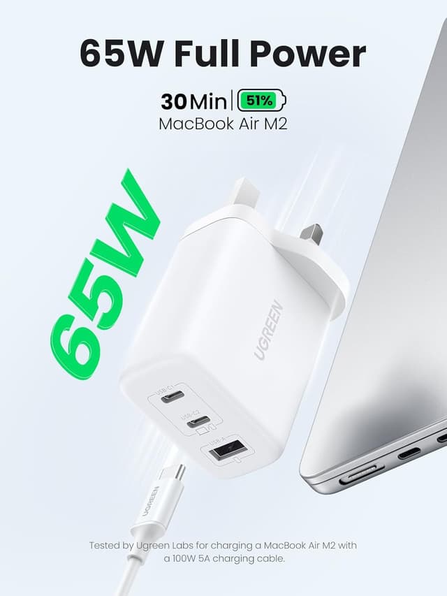 Thumbnail 1 de UGREEN 65W GaN USB C Charger 3-Port UK
