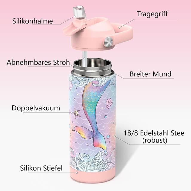 Detalle 2 de Ntswasd Trinkflasche aus Edelstahl mit Strohhalm, 550 ml (BPA-frei) – auslaufsichere Thermoflasche für Schule, Sport & Kinder (Rosa)