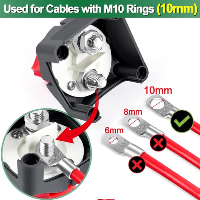 Detalle de 2x Batterie-Trennschalter 12V/24V/48V, 200 A Dauer/455 A kurz, Bolatus Hauptschalter für M10-Anschlüsse (Boot, Wohnwagen & Co.)